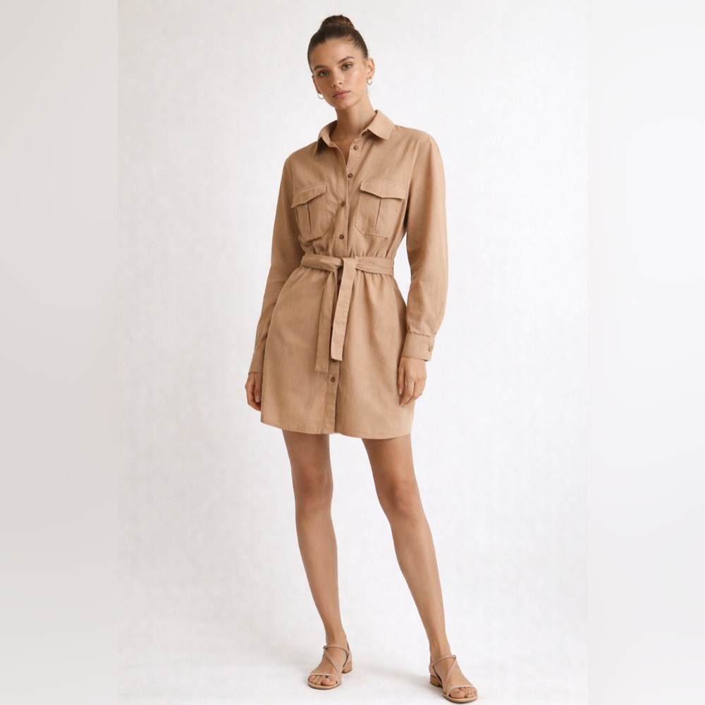H&M Utility Shirt Dress S | Neutral Tan Belted Safari Mini Dress | Chic Minimal